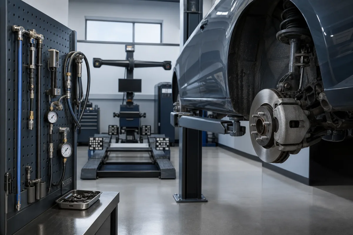 Chassis and brake service area with alignment rack and pneumatic brake line inspection tools, 1200x800