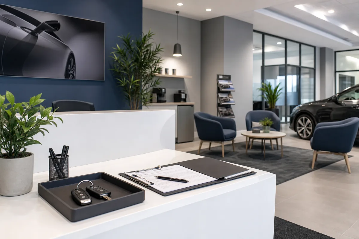 Clean customer handover area with service documentation desk and vehicle keys ready for pickup, 1200x800