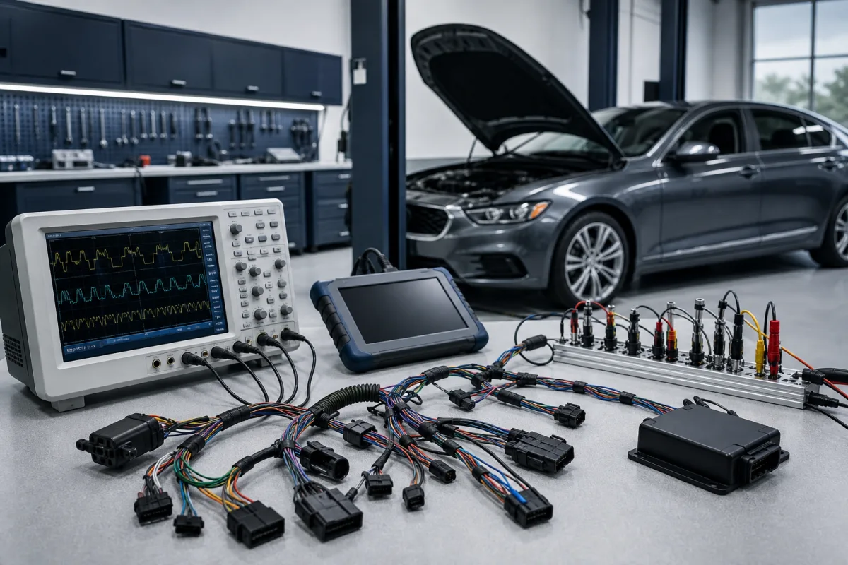 Diagnostic bay with oscilloscope, scan tool, and organized wiring harness testing setup, 1200x800