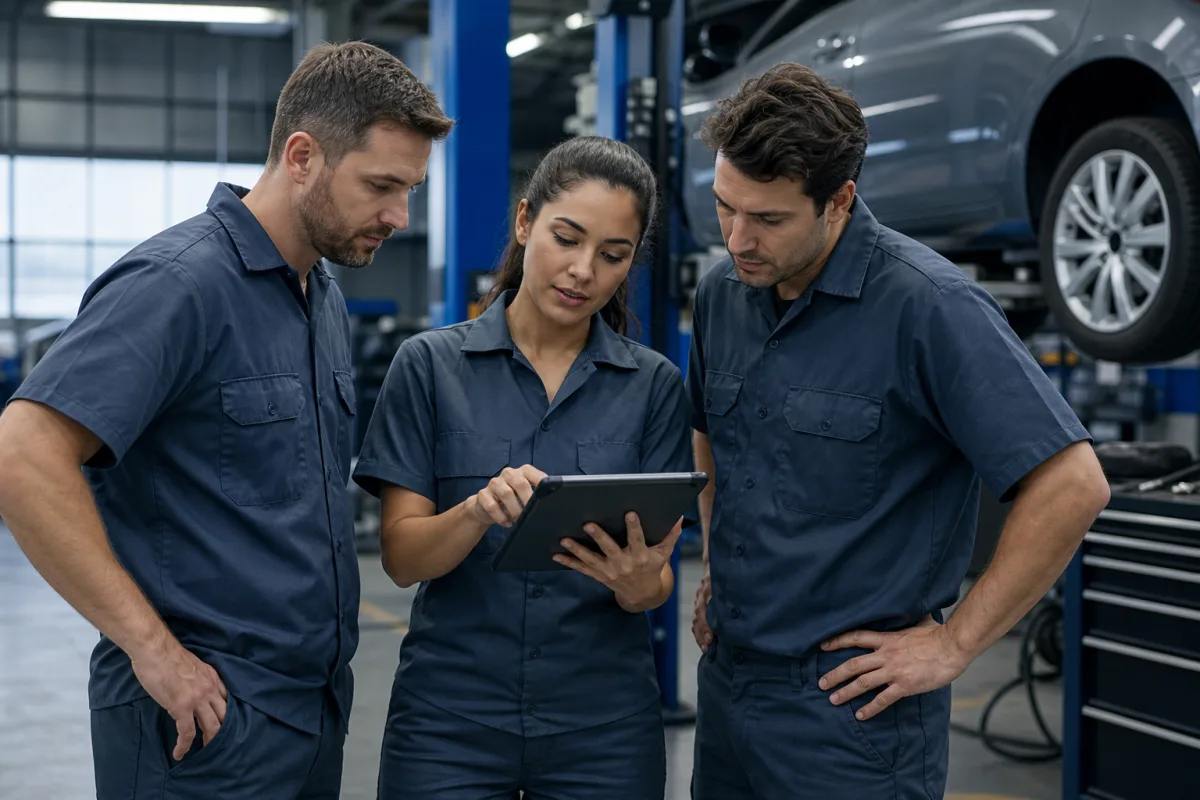 Early workshop team reviewing diagnostic scan results together beside a service bay, 1200x800
