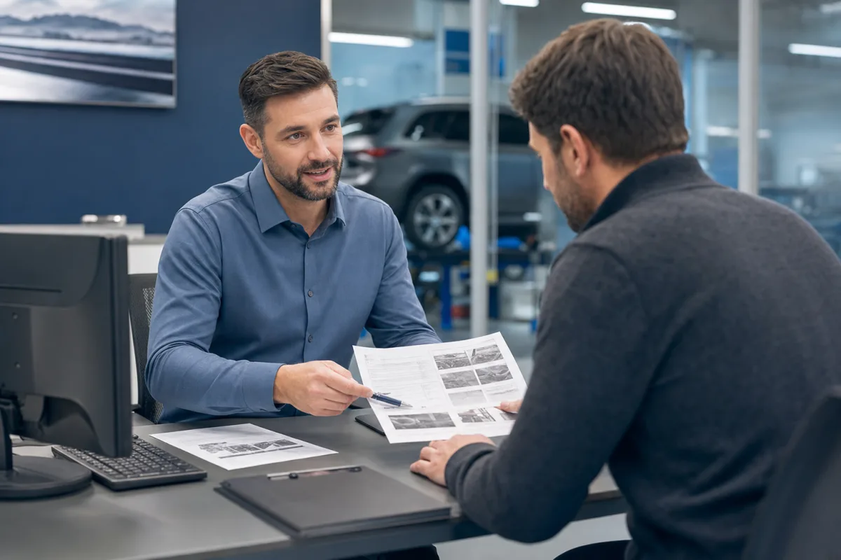 Service advisor presenting printed repair documentation and diagnostic results to a vehicle owner, 1200x800