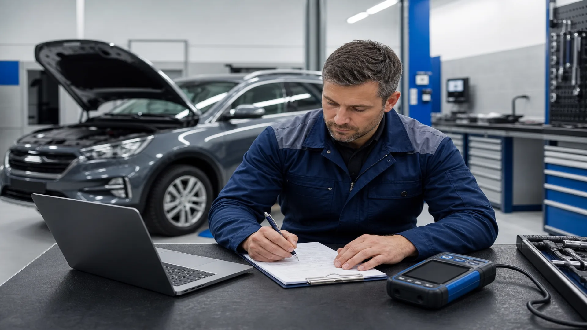 Technician writing technical repair notes beside a laptop and diagnostic scan tool in a workshop, 1920x1080