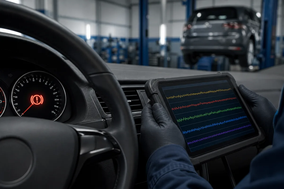 Brake assist system warning light and diagnostic scan showing BAS fault codes on a tablet, 1200x800