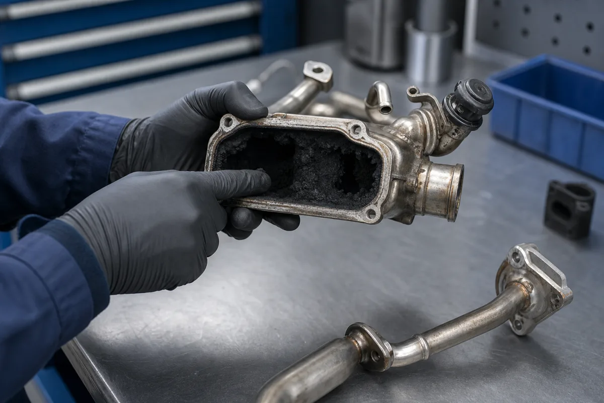 Removed EGR heat exchanger unit on a workbench showing carbon buildup and technician inspection, 1200x800