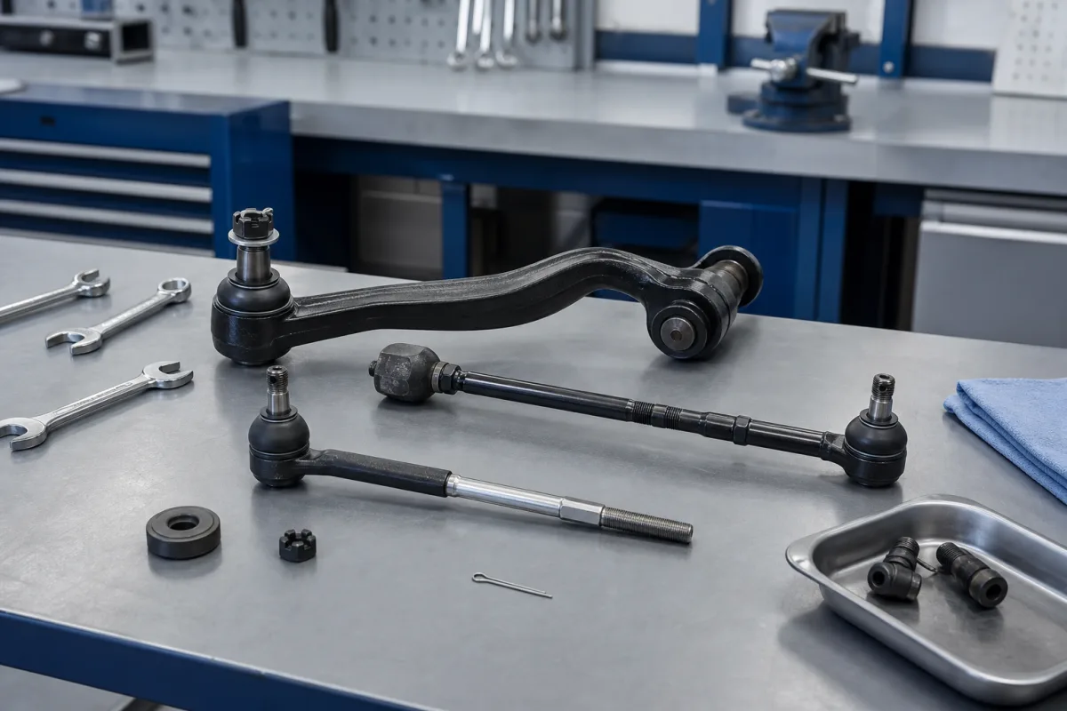 Steering pendulum arm and tie rod components laid out for inspection on a service bench, 1200x800