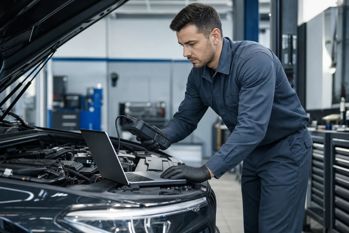 Technician running electronic diagnostics on vehicle control modules in a service bay, 1200x800