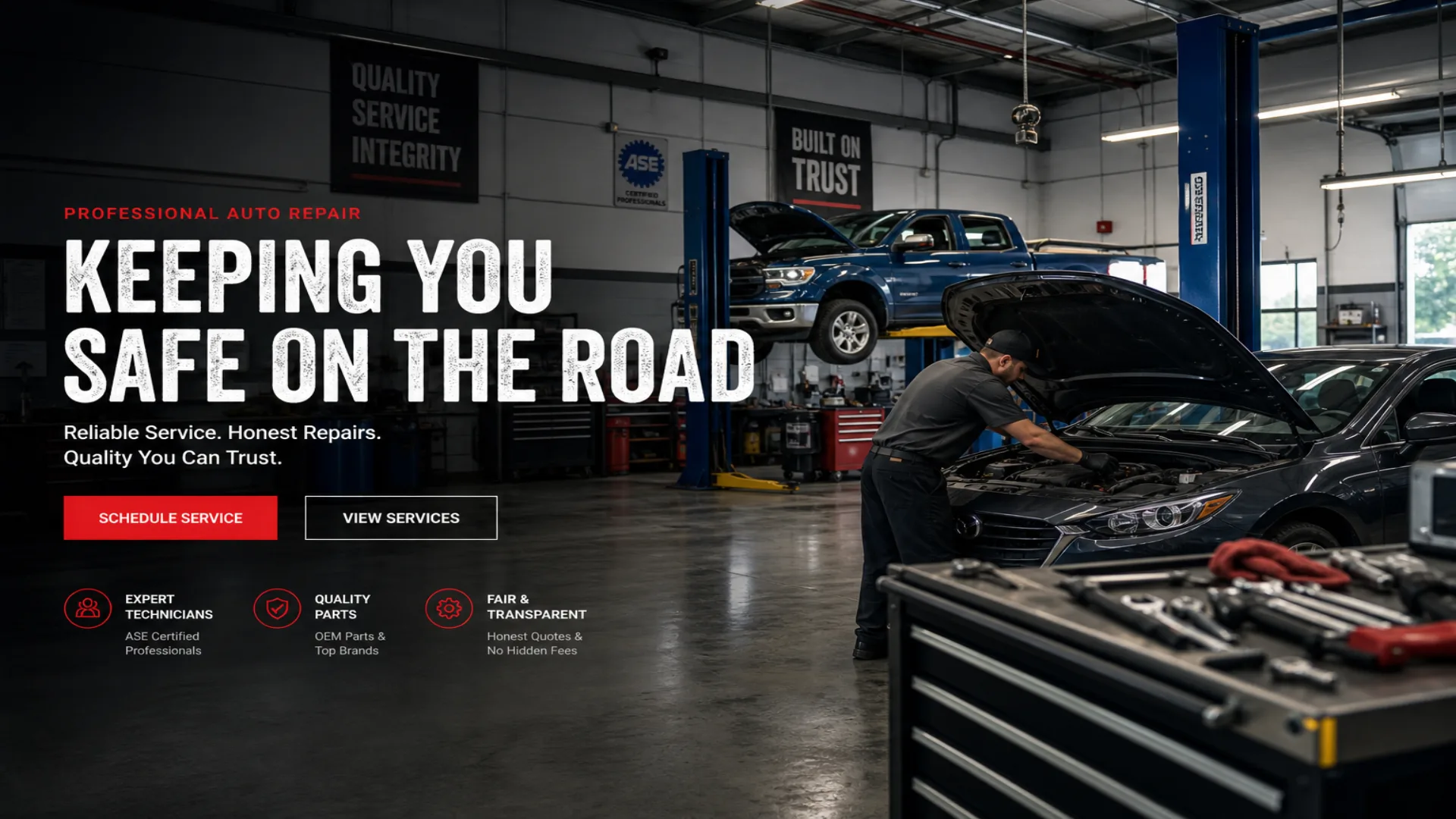 Professional auto repair workshop interior with lifts and diagnostic equipment, 1920x1080