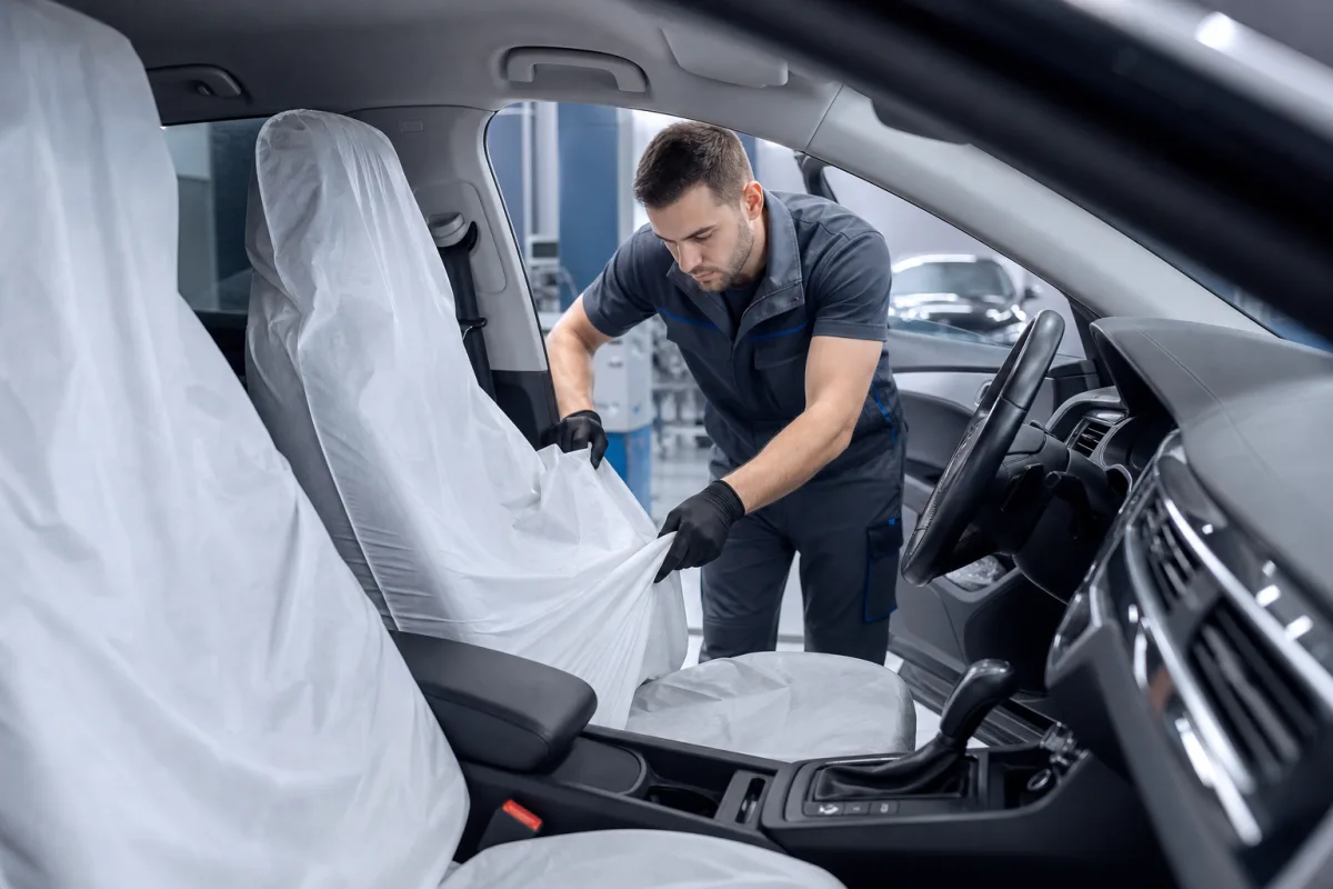 Technician placing protective seat covers inside a vehicle cabin during repair, 1200x800